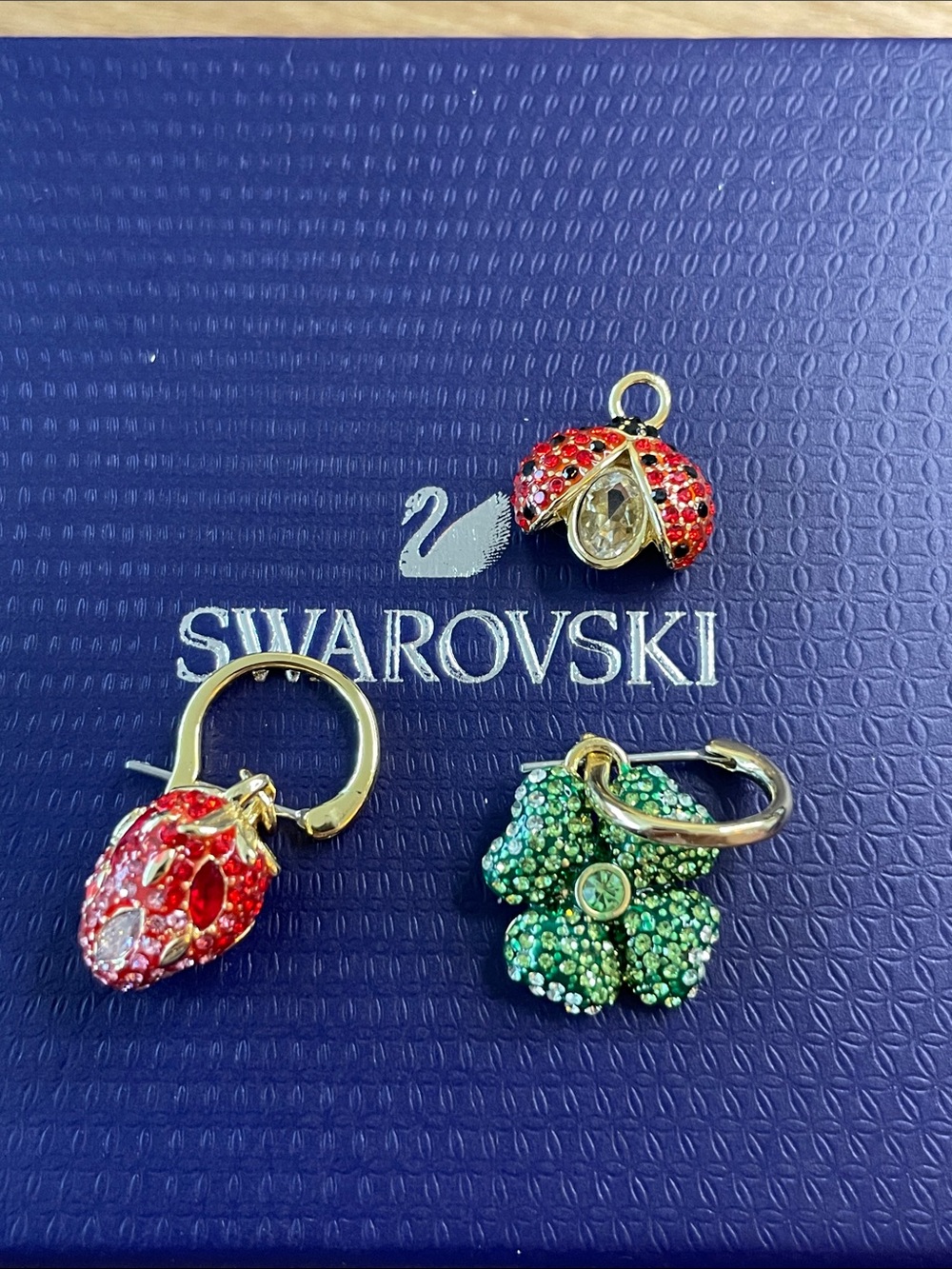 Swarovski Red Ladybug and Green Four-Petal Crystal Charm Earrings